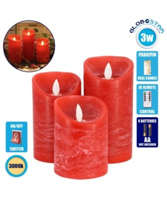 GloboStar® 79558 ΣΕΤ 3 Διακοσμητικών Realistic Κεριών Παραφίνης με LED Εφέ Κινούμενης Φλόγας - Μπαταρίας & Ασύρματο Χειριστήριο IR Κόκκινα με Ασημένιες Ρίγες Θερμό Λευκό 3000K Dimmable